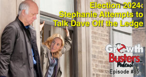 Stephanie Gardner leans out window while Dave Gardner stands on a ledge